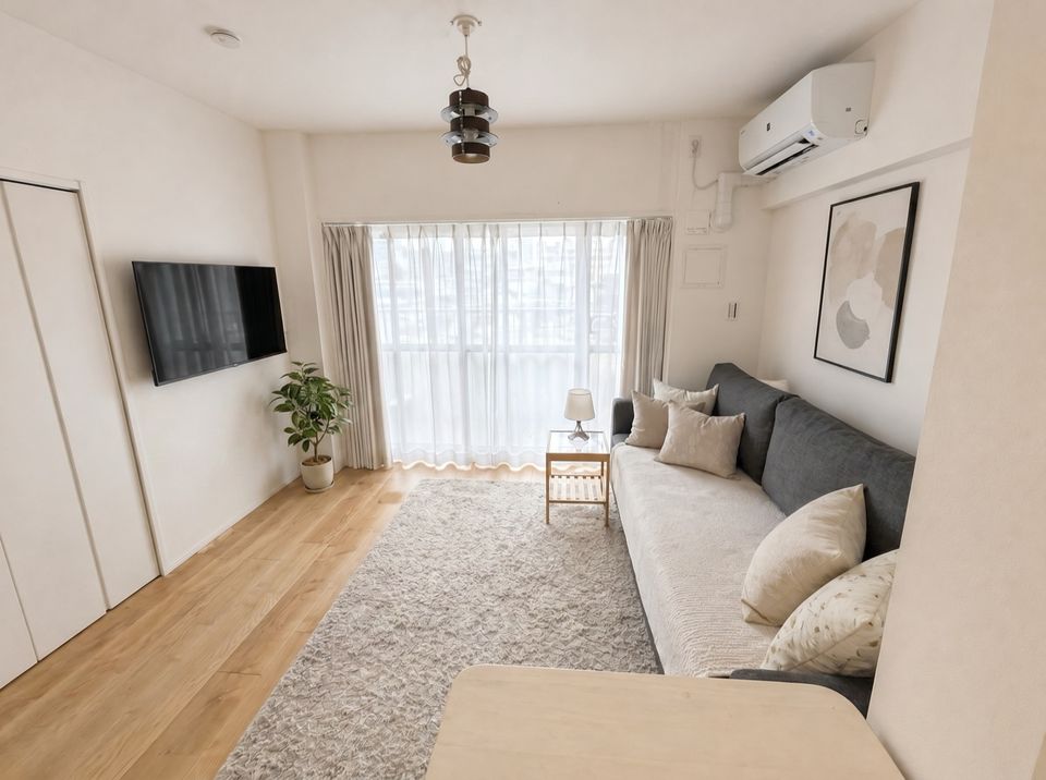 HalfKey furnished living room with grey sofa and balcony