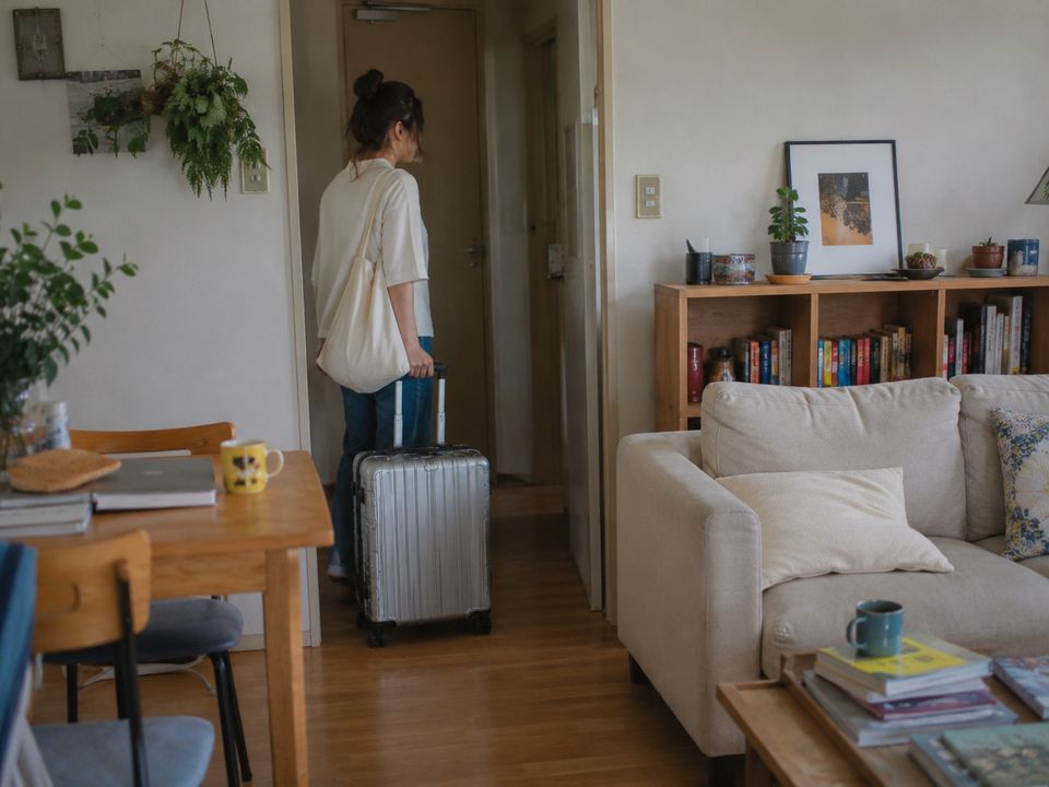 Packed suitcases standing in a furnished living room, the home left as it is